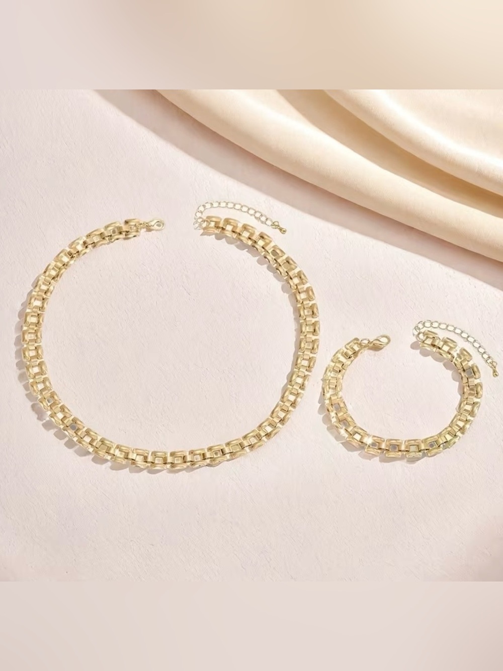 Polished Gold Box-Link Necklace and Bracelet Set - Women's Designer Style